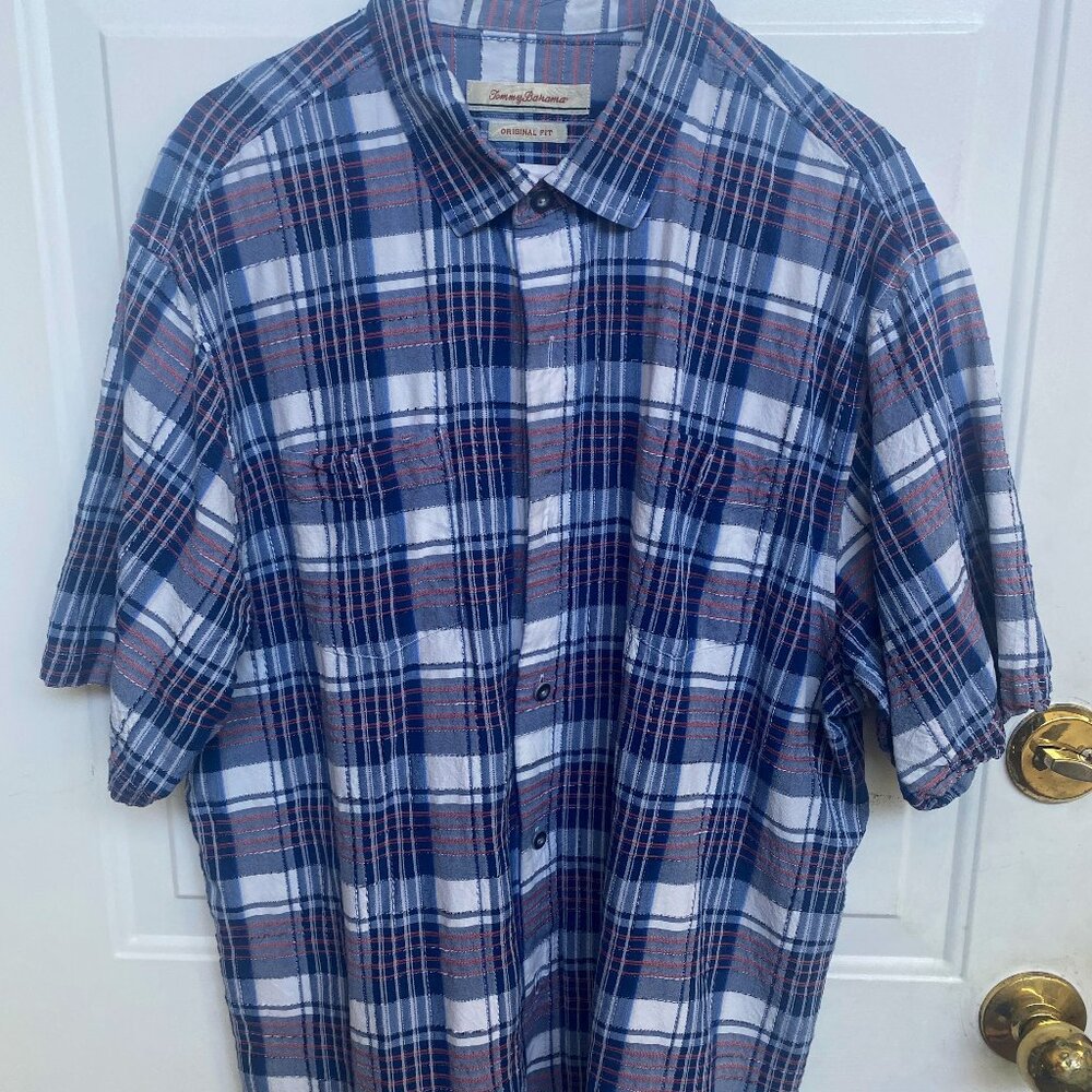 Tommy Bahama Shirt Men’s XL Blue Plaid Short Sleeve Button Down Shirt